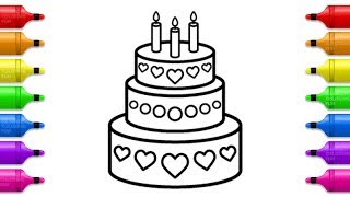 Sweet Cake with Hearts Coloring Pages for Kids | Drawing and Coloring Cake and Candles