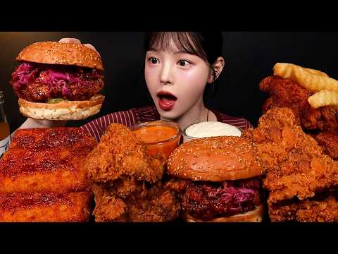 Chili’s Cheese Sticks with Crispy Fried Spicy Chicken Burger Mukbang ASMR