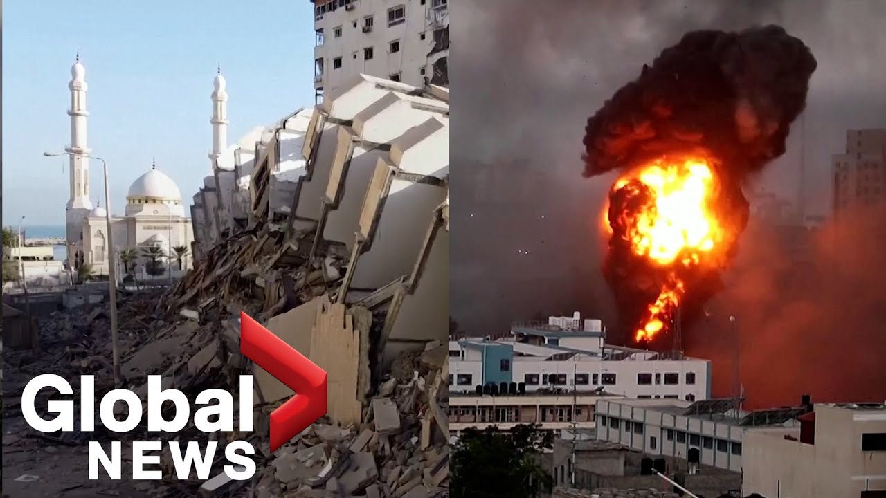 Buildings collapse as Israel carries out hundreds of airstrikes in Gaza