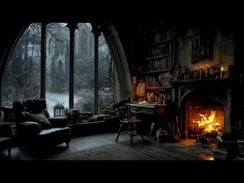 🔥 Dark Academia Fireplace Ambience | Gothic Cathedral, Snow & Piano for Study & Writing ❄️