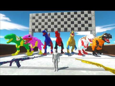 4 T-rex vs 3 Spinosaurus Superheroes Marvel Speed Race Fps Avatar - Animal Revolt Battle Simulator