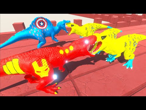 IRONMAN T-REX & CAPTAIN AMERICA SPINOSAURUS vs 3X WOLVERINE T-REX DEATH RUN - Animal Revolt Battle S