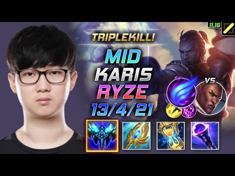 Karis Ryze MID vs Lucian - 카리스 미드 라이즈 템트리 룬 만년서리 난입 ライズ Райз 符文法师 雷茲 - LOL KR 11.15