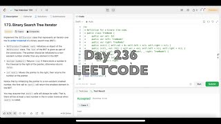 YouTube video 'Day 236: LeetCode Problem 173. Binary Search Tree Iterator - Swift'
