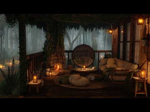 Cozy Cabin Porch Ambience – Crackling Fireplace & Soothing Rain Sounds for Deep Sleep and Relaxation