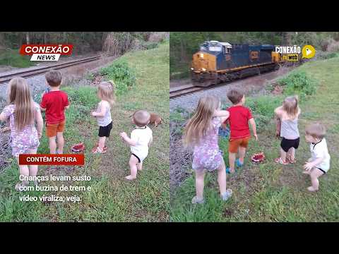 Vídeo: Crianças levam susto com buzina de trem e vídeo viraliza nas redes.