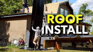 Installing Our Metal Roof on the Shed Tiny House!! (Part 2) | Abandoned Shed to Tiny House