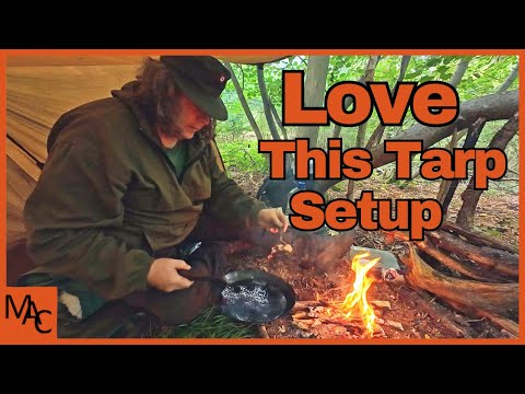 Gunyah Tarp Shelter Camp and fire with Feather Sticks