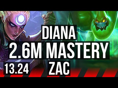DIANA vs ZAC (TOP) | 8/1/8, 2.6M mastery, 1100+ games, Rank 12 Diana | BR Challenger | 13.24