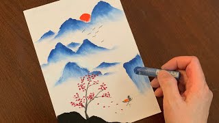 Easy Chinese Mountain Landscape/Step by Step/ Oil Pastels Tutorial for Beginner