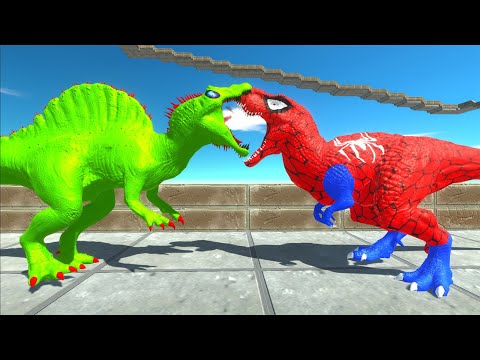 SPIDERMAN T-REX vs DARK T-REX vs ALIEN SPINOSAURUS DEATH FALL -   Animal Revolt Battle Simulator