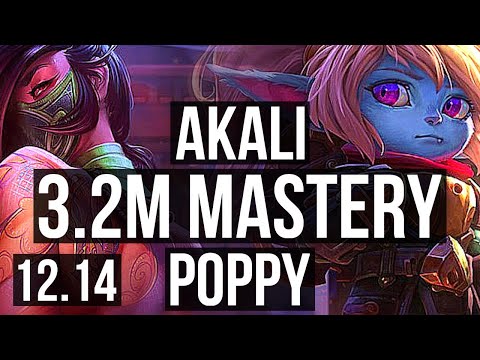 AKALI vs POPPY (TOP) | 3.2M mastery, 800+ games, Legendary, 8/2/5 | KR Diamond | 12.14