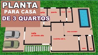 planta para casa com 3 quartos e area gourmet