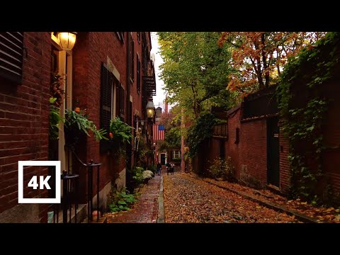 4K Walking Rainy Fall Evening Beacon Hill  Boston - Fall Leaves Binaural ASMR