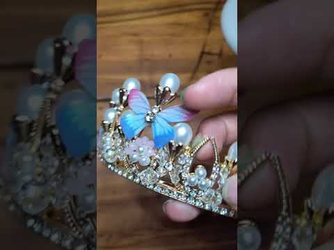 Girls butterfly tiara crown gold pearl rhinestone headband f...