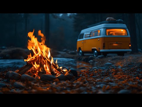 4K Relaxing Campfire by the Camper Van in the Forest 🌲🔥 | River & Fire Sounds ASMR for Sleep good