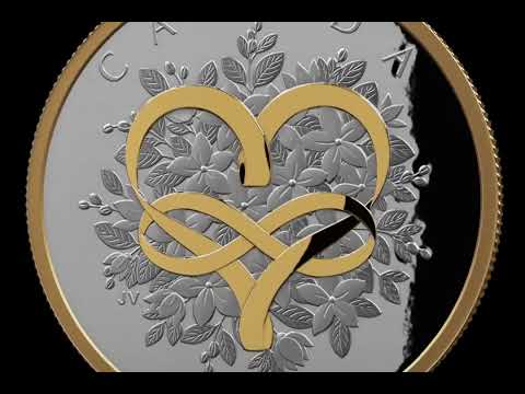 CELEBRATE LOVE 2025 CANADA 1oz .9999 Pure Silver $20 Coin w Yellow Gold Plating
