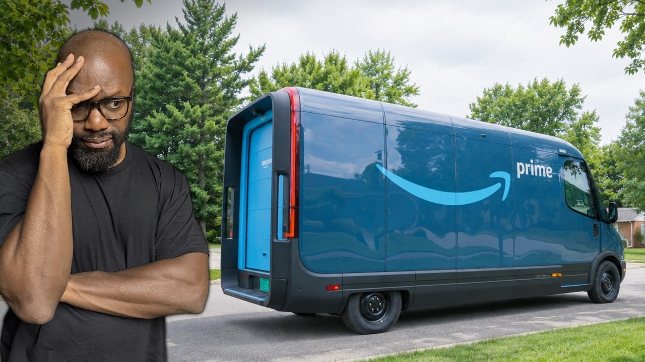 Ex-Amazon Rivian electric delivery van raised on a lift in the Rich Rebuilds shop