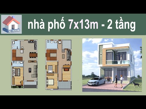 Mẫu nhà 2 tầng đẹp 7x13m, thiết kế hiện đại, 3 phòng ngủ, đầy đủ hồ sơ 3D ● 3D House Design