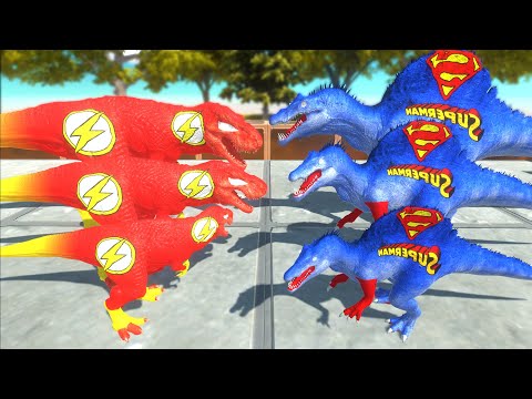 Flash T-Rex Team vs Superman Spinosaurus Death Battle Dinosaur - Animal Revolt Battle Simulator