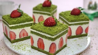 크리스마스 🎅 / 녹차 딸기 케이크 만들기 / Christmas Green Tea Strawberry Cake / No gelatin /녹차 스펀지 케이크 / 커스터드 크림