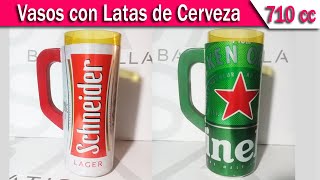 Vaso con botella de vidrio y lata de aluminio . cortar garrafa de vidro ,Reciclar latas de aluminio