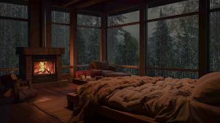 Cabana aconchegante com lareira e sons relaxantes de chuva para um sono tranquilo