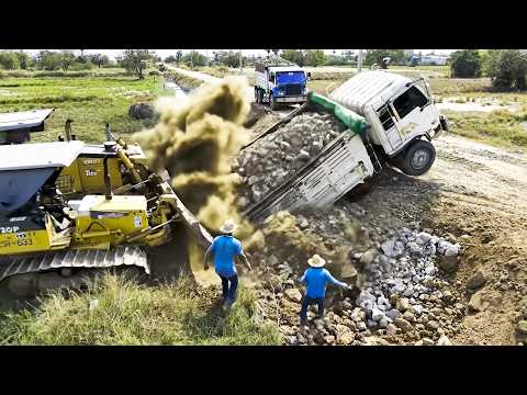 OMG!! Land Filling Mistake 😱 KOMATSU D31P Mini Bulldozer & 5 Ton Truck Unloading Dirt