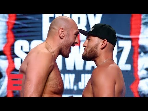 Tyson Fury gets in Tom Schwarz's face at pre-fight weigh-in | Top Rank Boxing