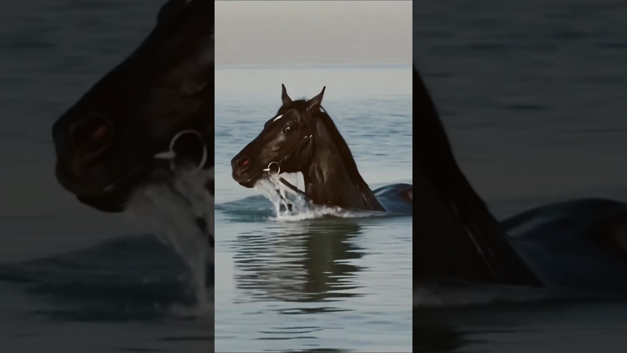 A truly beautiful and rare sight where majestic black horses are swimming in deep blue waters.