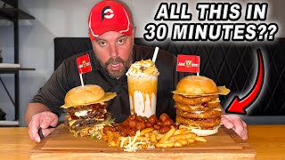Jax's Quadruple Beef and Chicken Burgers Challenge w/ Popcorn Chicken Loaded Fries and Milkshake!!