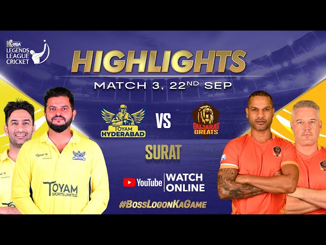 Highlights Match 3 | Dhawan vs Raina | Toyam Hyderabad vs Gujarat Greats | Legends League Cricket