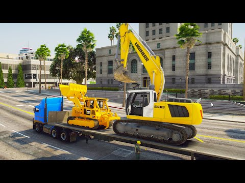 Flatbed Trailer Transportation Excavator, Bulldozer - GTA 5