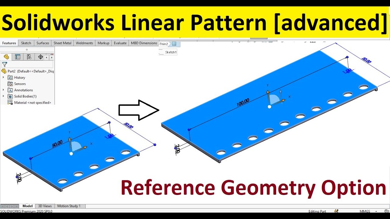 Solidworks tips & tutorials :  Linear pattern with reference geometry option