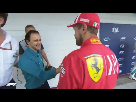 Vettel pretends to get an electric shock from shaking Massa's hand (Brazil, 2018)