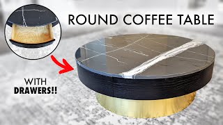 Building a Round Coffee Table with DRAWERS, BRASS VENEER Base & FAUX MARBLE Top!
