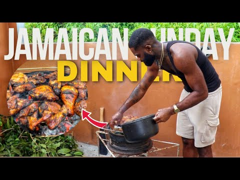 COOKING SUNDAY DINNER FOR MY FAMILY IN JAMAICA ON MY VACATION| Rice & Peas Curry Goat | Jerk Chicken