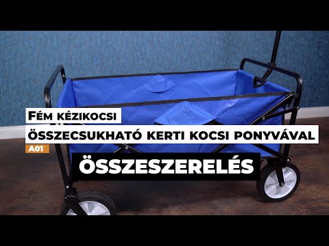 Fém kézikocsi, összecsukható kerti kocsi ponyvával, kék, max. 50kg teherbírás (A01) - Videó