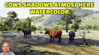 How to paint cows and shadows in an atmospheric watercolor landscape. Watercolour landscape painting