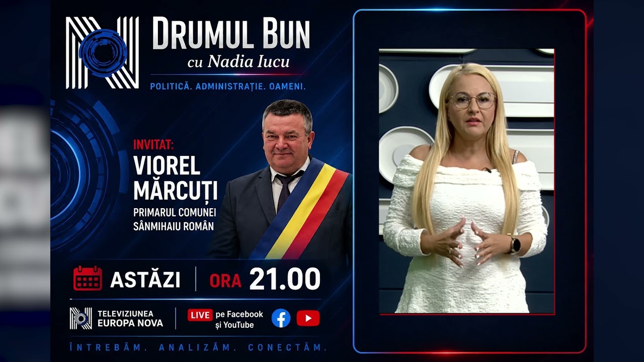 În această seară, la DRUMUL BUN cu Nadia Iucu De la ora 21:00, Nadia Iucu îl are invitat pe Viorel Mărcuți, primarul comunei Sânmihaiu Român.