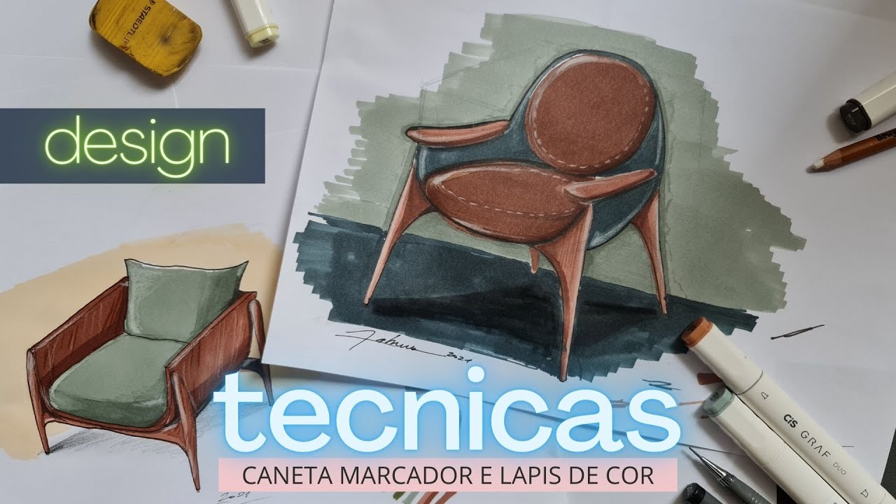 Aprenda Desenho de móveis, Técnicas de Croqui com marcador e lápis de cor, técnicas mistas.