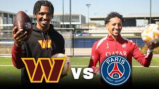 Can Jayden Daniels beat a european football champion in a skills challenge NFL vs. PSG