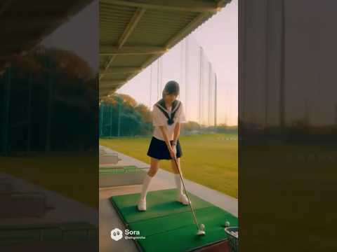 女子高生がゴルフ練習場でゴルフをしている