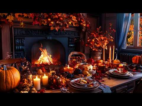 Thanksgiving Feast Ambience 🦃 Cozy Dining Room, Piano music, Crackling Fireplace & Kitchen Chatter
