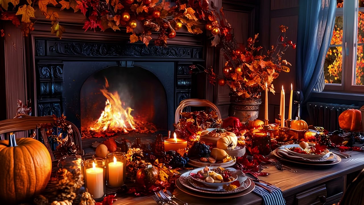 Thanksgiving Feast Ambience 🦃 Cozy Dining Room, Piano music, Crackling Fireplace & Kitchen Chatter