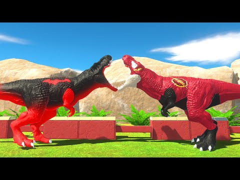 2X RED BATMAN T-REX DINOSAURUS vs PLASH T-REX DEATH RUN - Animal Revolt Battle Simulator ARBS