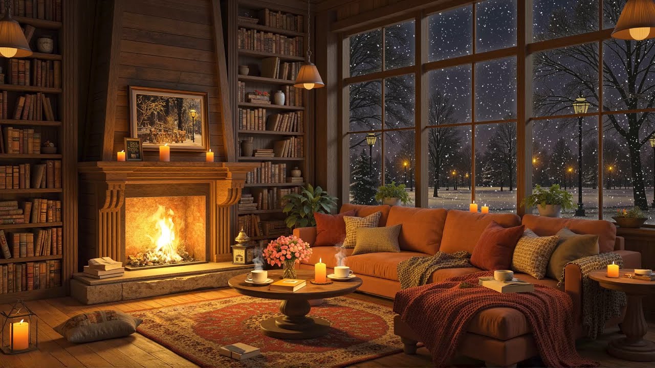 Relaxing Instrumental Jazz at Cozy Reading Nook Ambience | Soft Winter Night Jazz & Fireplace Sounds