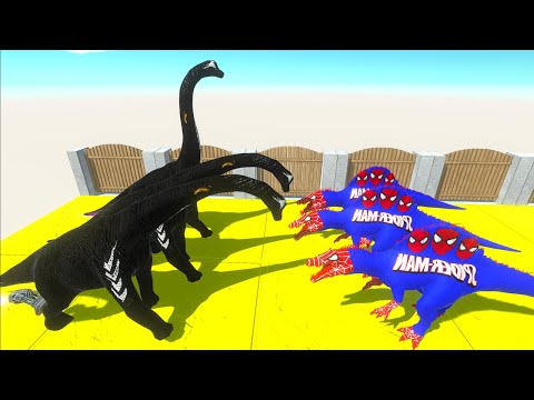 3x VENOM BRACHIO vs 3x SPIDERMAN SPINO vs BATMAN T-REX DEATH FALL - Animal Revolt Battle Simulator