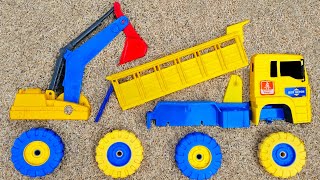 Searching for and assembling large cement mixer trucks, wobbly trucks, excavator backhoes, telole...