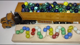 Marble Run Race ASMR #57, HABA Slope, Wooden Track , Colorful Balls, Dump Truck, Garbage Truck